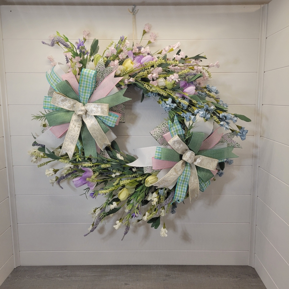 Spring Floral Wreath with Pastel Bows